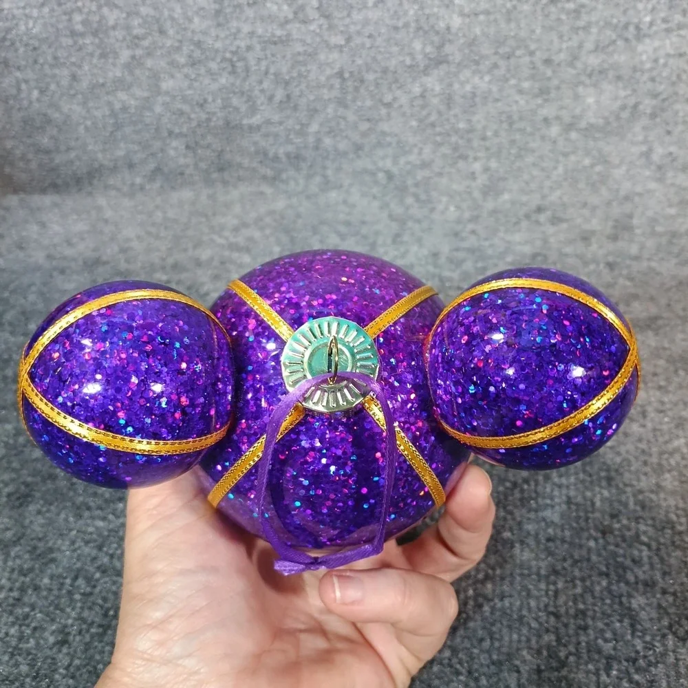 Disney Mickey Mouse Icon Christmas Ornament Glass Ball Purple Glitter Gold Trim